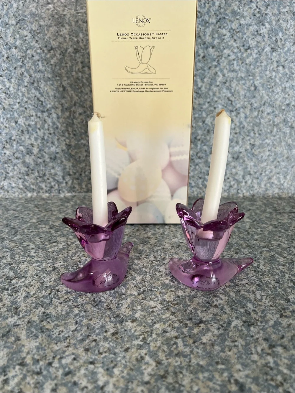Lenox Occasions Easter Purple Glass Floral Taper Candle Holder Set of 2